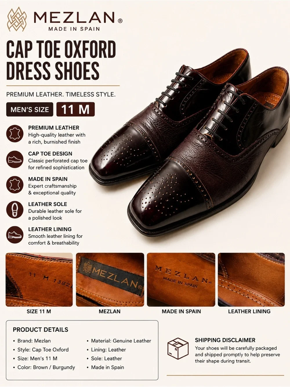 Mezlan Cap Toe Oxford Dress Shoes Mens 11 M Brown Burgundy Leather Made in Spain